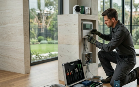 Um técnico instala uma câmera de CCTV na fachada de um edifício residencial