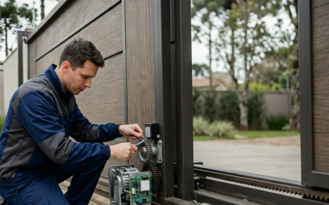Um técnico instalando um dispositivo no exterior de uma casa