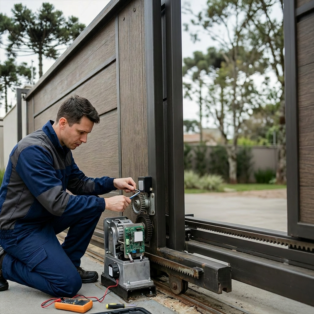 Um técnico instalando um dispositivo no exterior de uma casa
