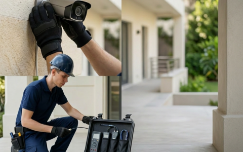 Um técnico instala uma câmera de CCTV na fachada de um edifício residencial