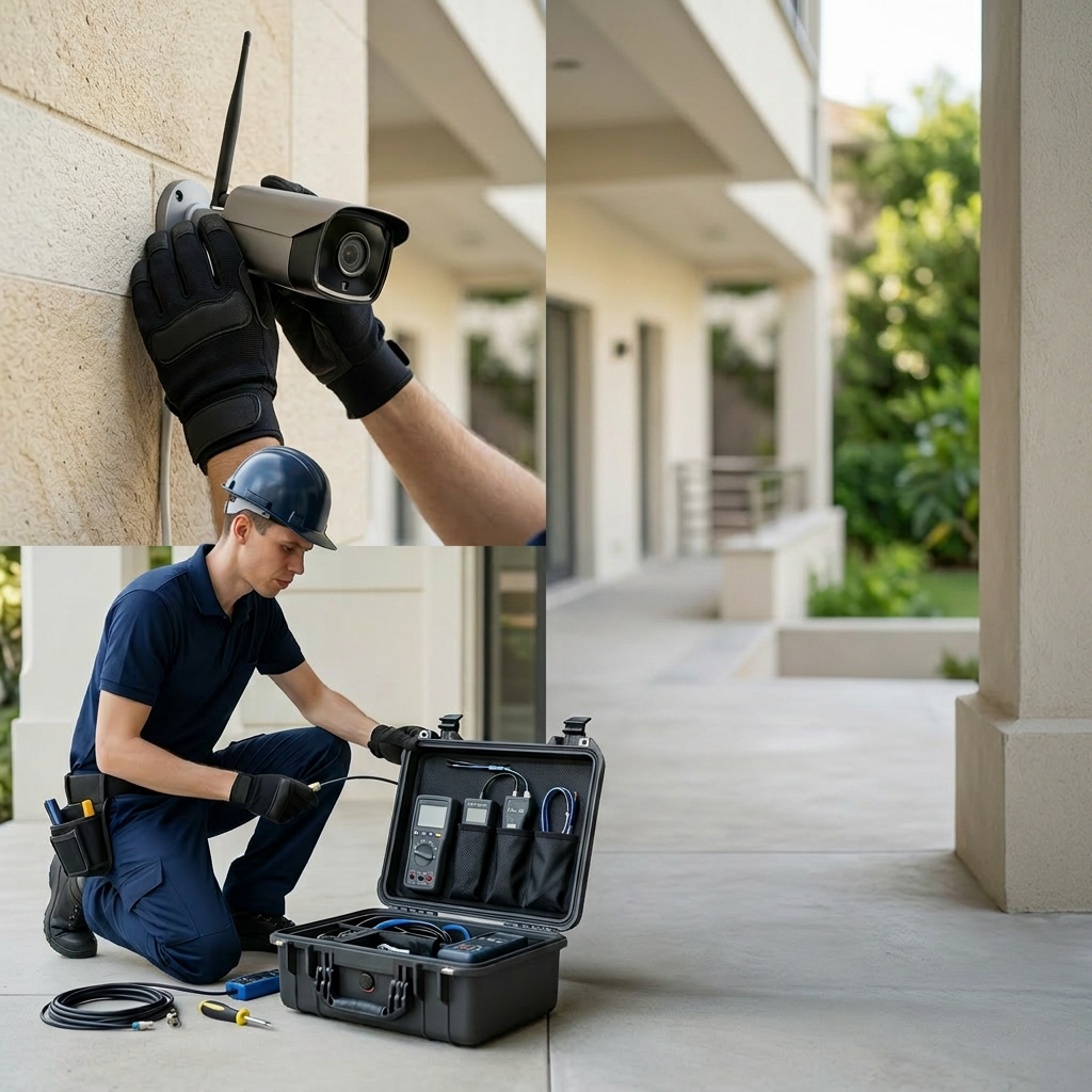 Um técnico instala uma câmera de CCTV na fachada de um edifício residencial