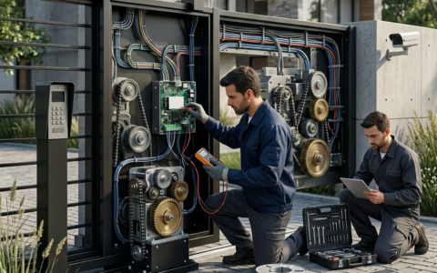 Imagem profissional de blog sobre: "Portão eletrônico travado? Guia rápido de conserto e manutenção preventiva". Diretri