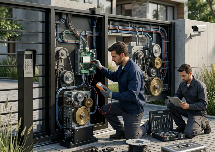 Imagem profissional de blog sobre: "Portão eletrônico travado? Guia rápido de conserto e manutenção preventiva". Diretri