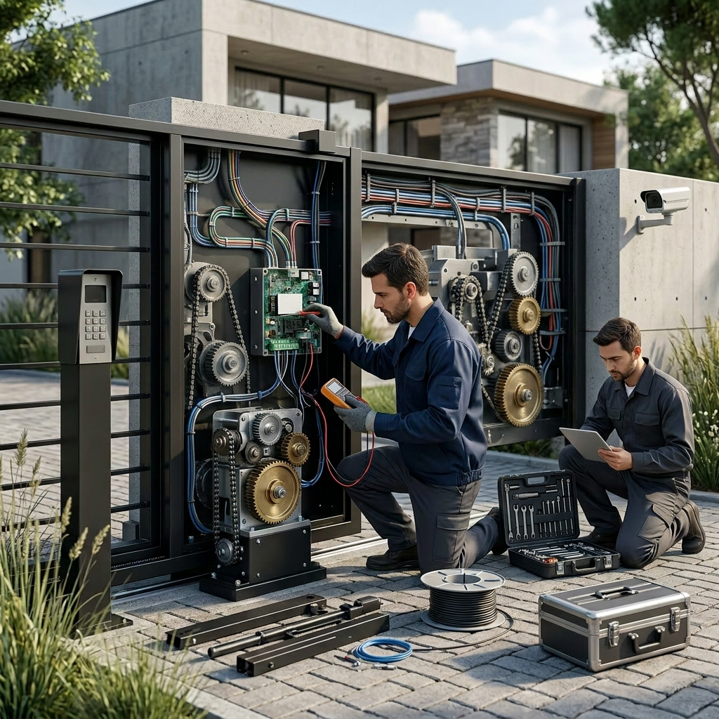 Imagem profissional de blog sobre: "Portão eletrônico travado? Guia rápido de conserto e manutenção preventiva". Diretri