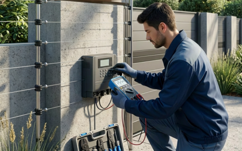 Um eletricista prende uma caixa de distribuição a uma parede de madeira