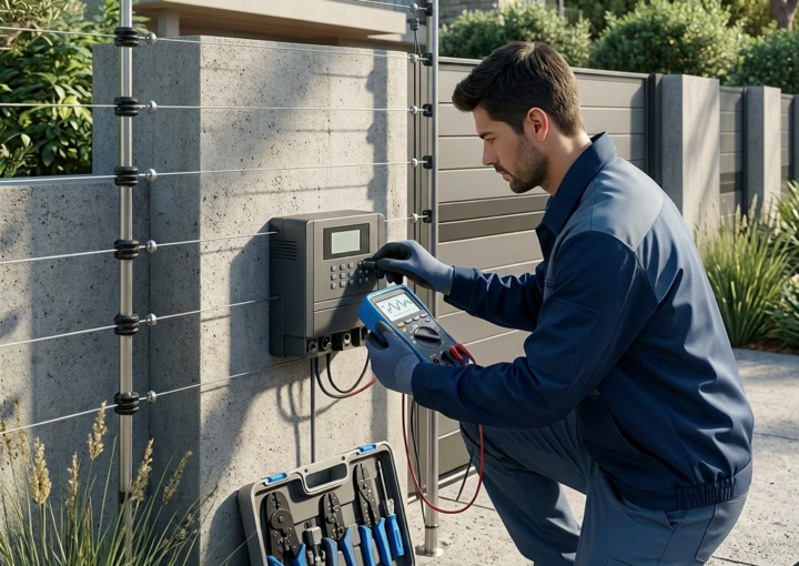 Um eletricista prende uma caixa de distribuição a uma parede de madeira