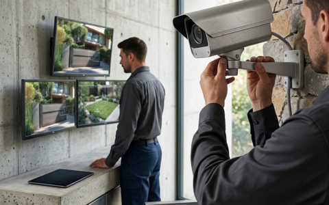 Câmeras externas de metal CCTV para sistemas de vigilância por vídeo em uma prateleira na loja de segurança