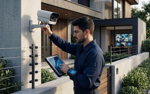 Sistema de segurança doméstica Homem afro-americano monitorando câmeras CCTV em smartphone perto de sua casa fechada