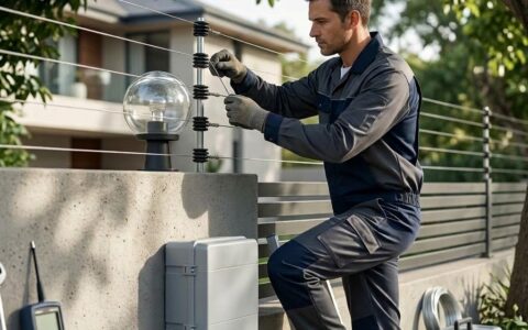 Um eletricista prende uma caixa de distribuição a uma parede de madeira