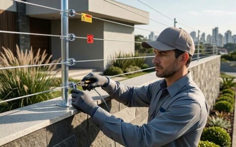 Caixa de distribuição elétrica metálica em frente à cerca