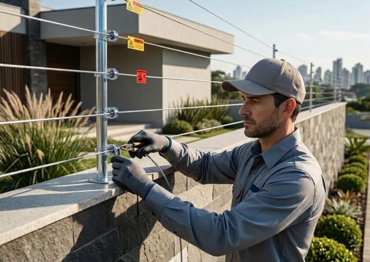 Caixa de distribuição elétrica metálica em frente à cerca